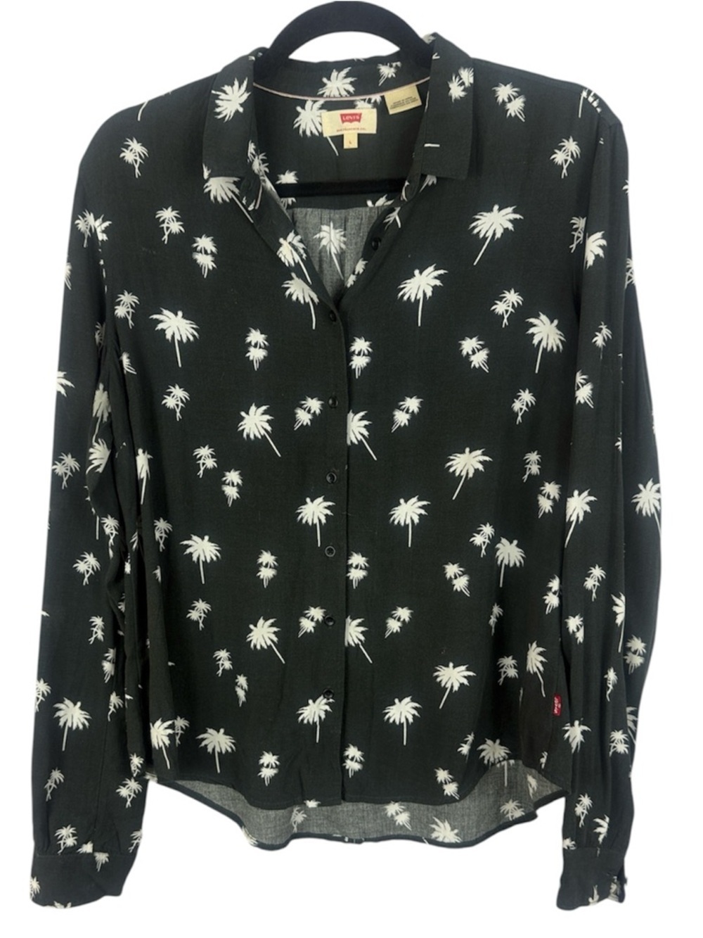 Levi's Black Shirt with White Palm Tree Pattern Long Sleeve Large Blouse